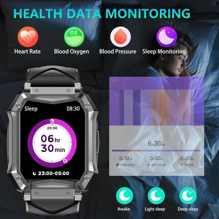 Montre Connectée Homme — étanche, Podomètre, Appels, écran 1.39" Toujours Allumé