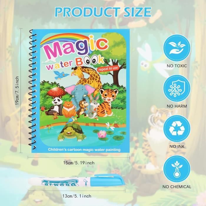 MINISOISO Livre De Dessin à L’eau Réutilisable – 6 Carnets Magiques + 6 Stylos, Thèmes Variés, Cadeau Enfant 3+ Ans