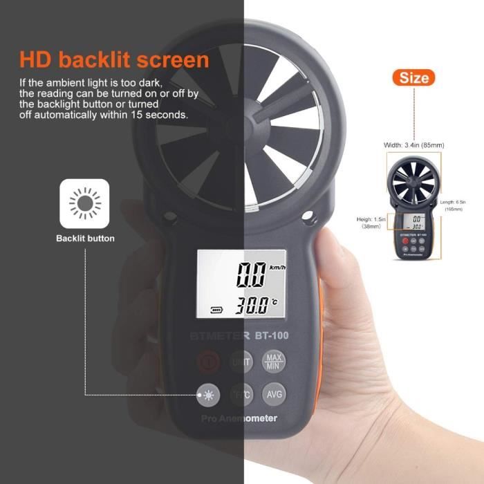 Anémomètre Numérique Portable - Mesure Vitesse De L'air (0,1-30 M/s) Et Température (0-45°C) - 5 Unités, Arrêt Auto