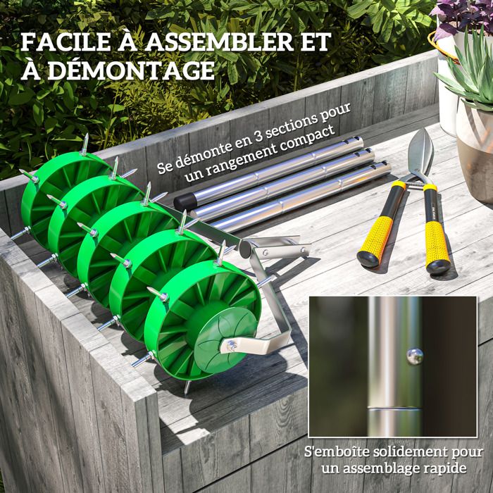 evtmag Aérateur de pelouse de 55,9 cm, outil d'aérateur de pelouse roulant, aérateur manuel de jardin, poignée en acier inoxydable de 139,7 cm, noir