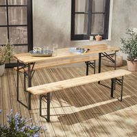 Table en bois 180cm avec 2 bancs – BAYONNE – Esprit brasserie. pliable. 6 personnes