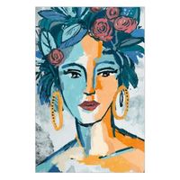 Tableau décoratif Peinture à l'huile à la main pour femme abstraite avec fleurs, toile encadrée Couleurs bleues et turquoises,