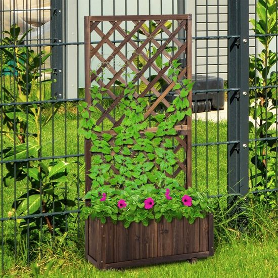 Jardinière D'Angle Avec Treillis En Bois De Sapin - 40x40x150 Cm, Bac 37x37x25 Cm - Gris
