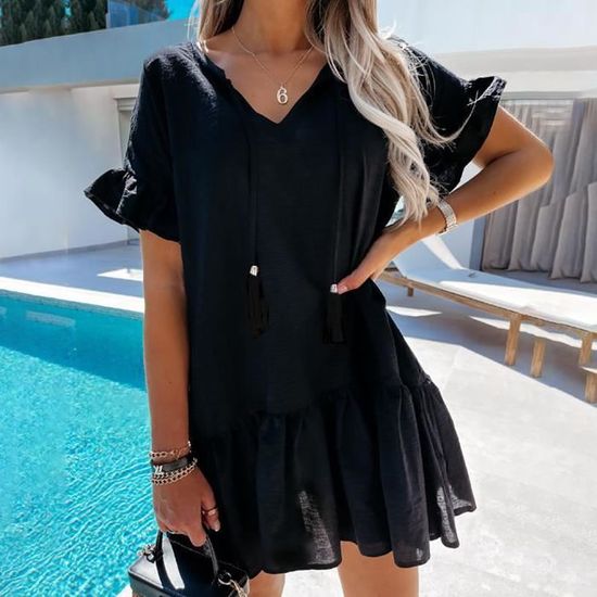 Robe midi femme plissée avec découpes col V sans manches