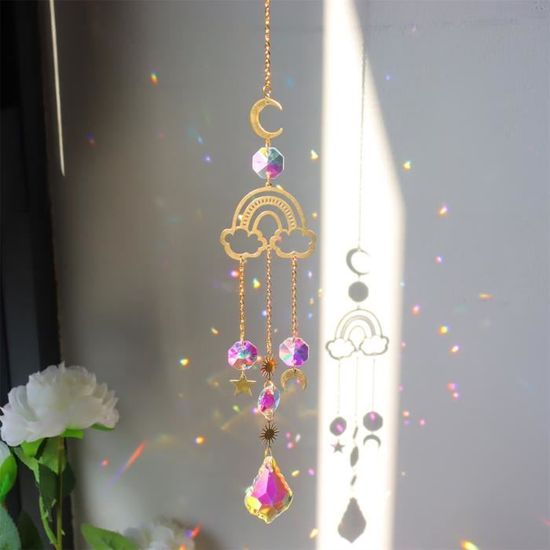 Carillon Attrape-soleil étoile Et Lune En Cristal - 45 Cm - Effets Prismatiques Arc-en-ciel - Décoration Fenêtre - 3
