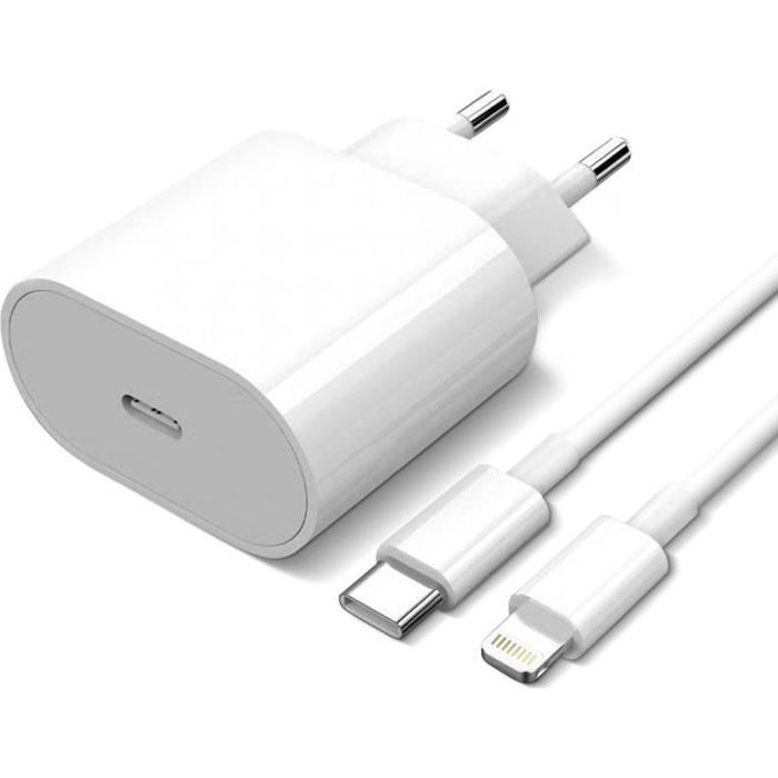 Chargeur Secteur USB-C 20W + Câble Lightning Power Delivery Original Apple Blanc
