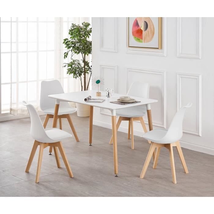 Ensemble Table de Salle à Manger Complet - Table Blanche + 4 Chaises Blanches - Design Scandinave - Cuisine, Salon, Bureau