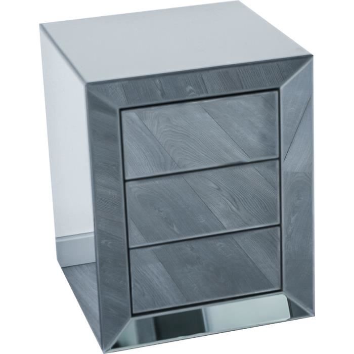 Table de chevet ultra design en miroir anthracite avec 3 tiroirs push open L. 45 x P. 45 x H. 58 cm collection LENNA Gris