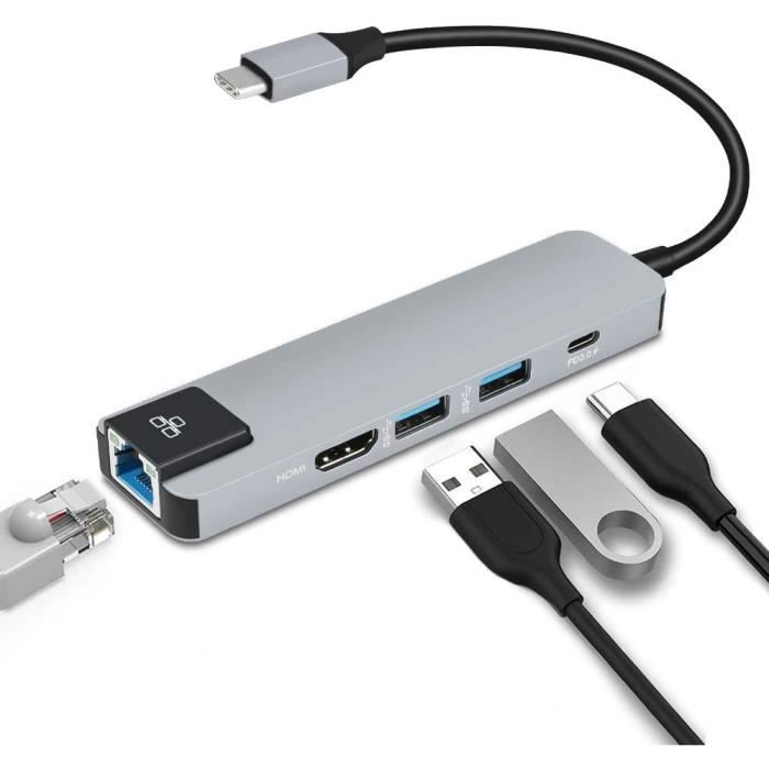 Hub USB C, adaptateur de type C 5 en 1 avec port Ethernet, USB C vers HDMI 4K, 2 ports USB 3.0, port de chargement PD