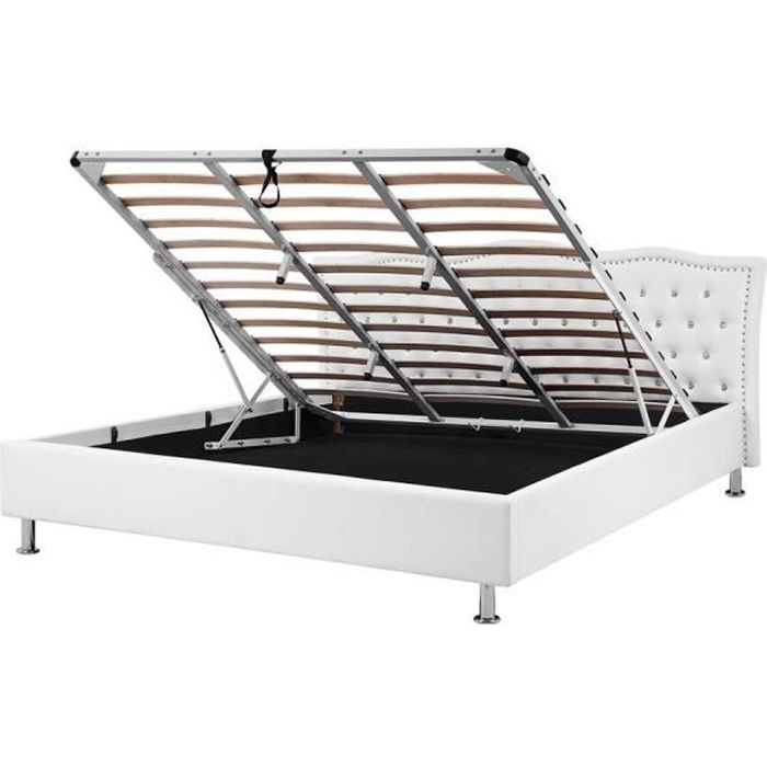 Beliani - Lit design en cuir 160x200 cm blanc sommier avec rangement inclus METZ