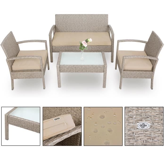 DEUBA - Salon de Jardin - en polyrotin • set fauteuil, canapé et table + coussins -Gris/Beige- Résistant aux intempéries et UV