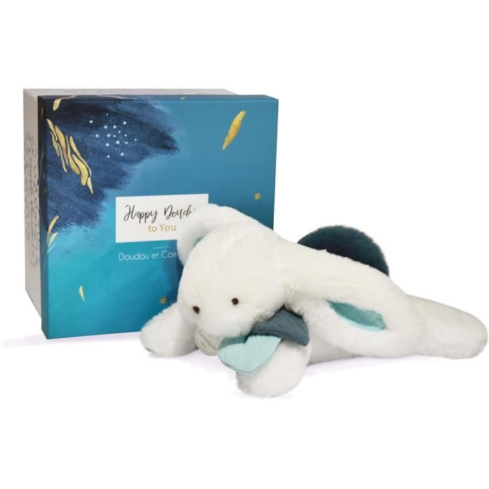 Doudou et Compagnie - Peluche Lapin - 25 cm - Lapin Pompon Blanc/Bleu Paon - Jolie Boîte Cadeau - Happy Pop - Happy Doudou To You