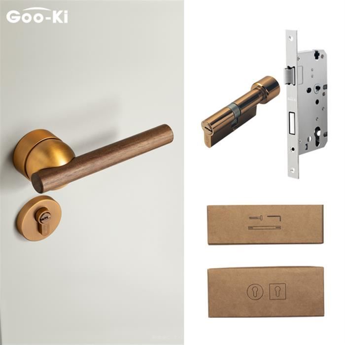 Ensemble Poignée de Porte Intérieur Laiton en Alliage de Zinc et Bois Noyer Moderne Design Levier de Porte avec Mute Serrure et Clés