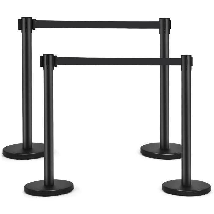 GOPLUS Lot de 4 Poteaux de Guidage Rétractables avec Ceinture Rétractable de 2M,Poteau de Séparation,File d'Attente en Acier,Noir