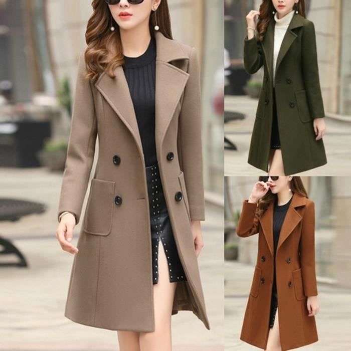 【Vente&Le nouveau】Veste d'hiver pour femmes avec bouton de revers long Trench-coat pour femmes pardessus Outwear - Kaki @4735