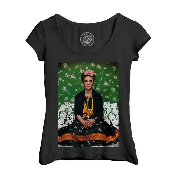 T-shirt Femme Col Echancré Noir Frida Kahlo Artiste Photo de Star Célébrité Peintre Original 10