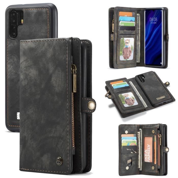 SmartLegend Housse HuaWei P30 pro en Cuir Coque, Multifonction Étui Portefeuille Zipper avec Cartes arrière magnétique(Noir)