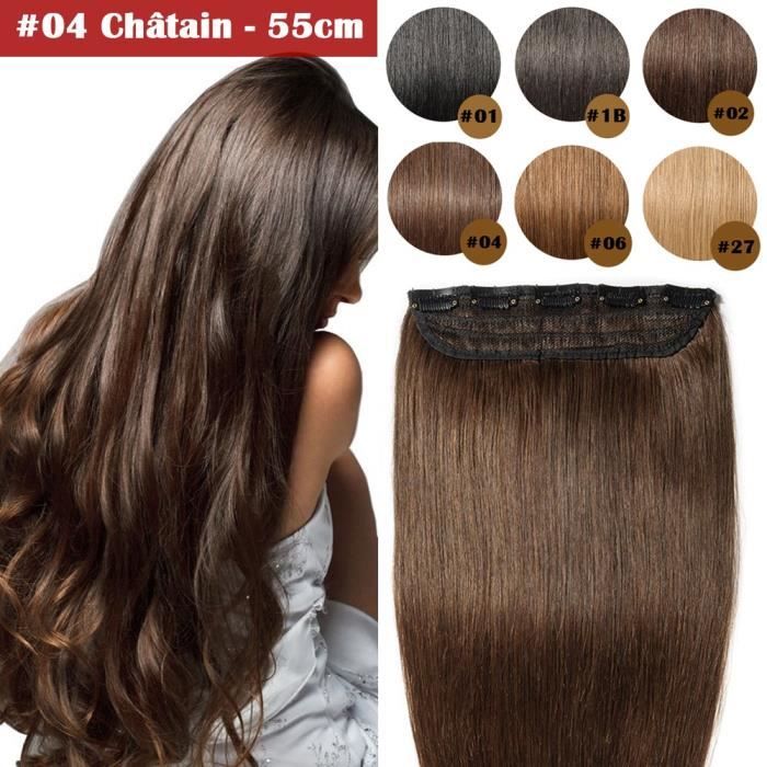 55CM Extensions Cheveux A Clips Naturels Type Epais - #04 Châtain - 1 bande 5 clips 100% Remy Hair Grade 7A Clip in