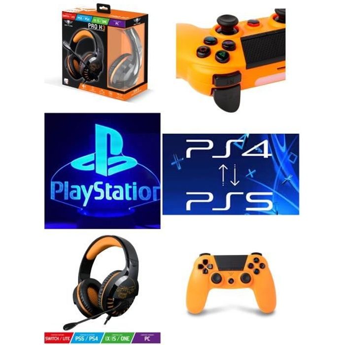 Pack Manette PS4 Bluetooth Camouflage Orange 3.5 JACK + Casque Spirit of Gamer PRO-H3 PS4-PS5 PLAYSTATION