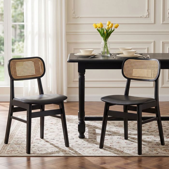 Wahson Chaise de Salle à Manger Lot de 2 Chaise Salle à Manger Bois Rétro et Rotin Chaise de Cuisine pour Salon Cuir PU Noir
