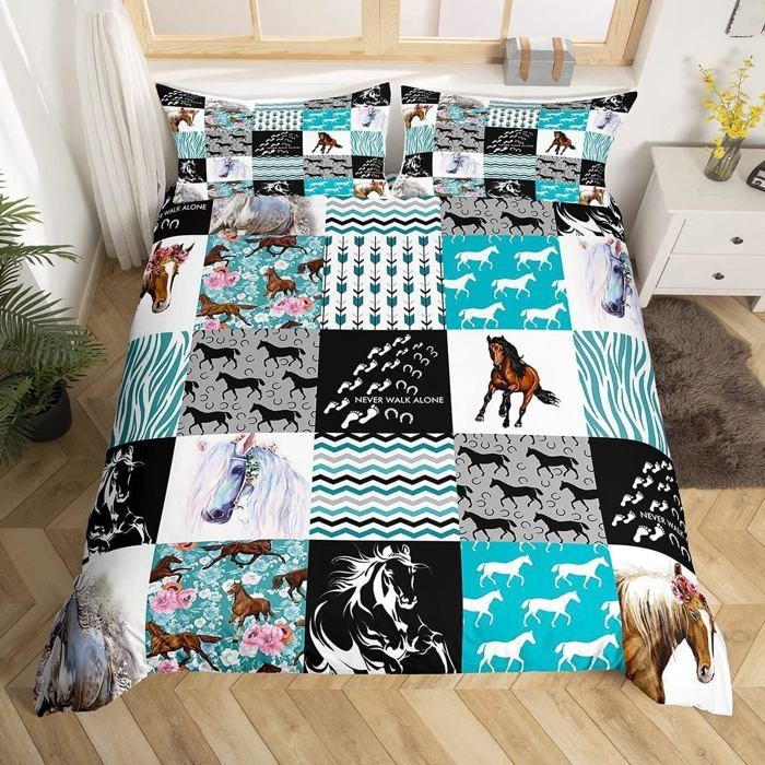 Parure De Lit Cheval Brun 100% Coton - Housse De Couette 140x200 + Taie 65x65 Cm