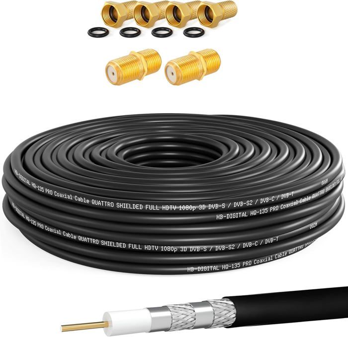 Câble Coaxial SAT 1m Avec Ferrite - Blindage Quadruple Pour HDTV, Satellite, Radio - Connecteurs IEC