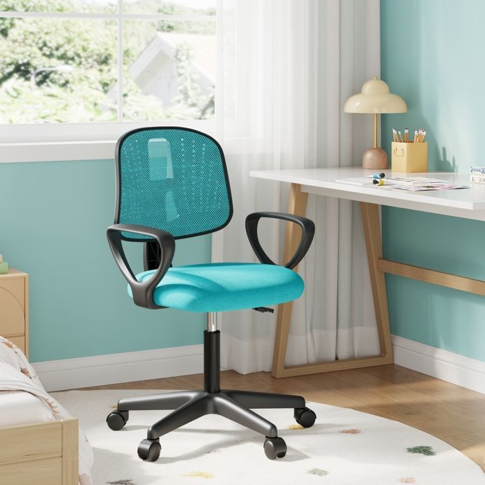 Klihome Chaise Enfants Fauteuil à roulettes Ergonomique Chaise Pivotante Réglable en Hauteur Turquoise