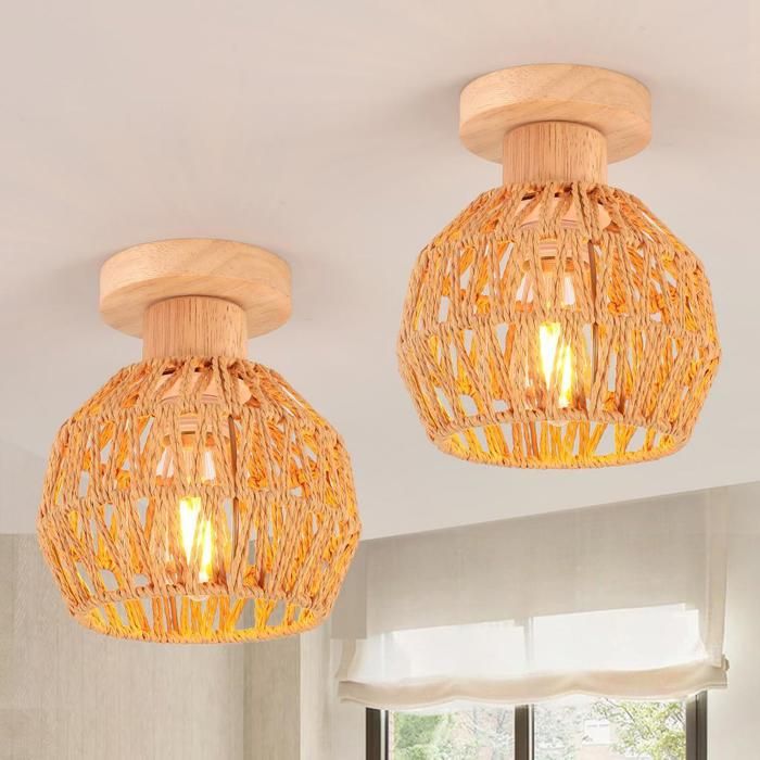 iDEGU Lot de 2 Plafonnier Industriel Vintage 16cm Lustre Abat-jour en Rotin Brun E27 Lampe de Plafond Design Cage pour Salon