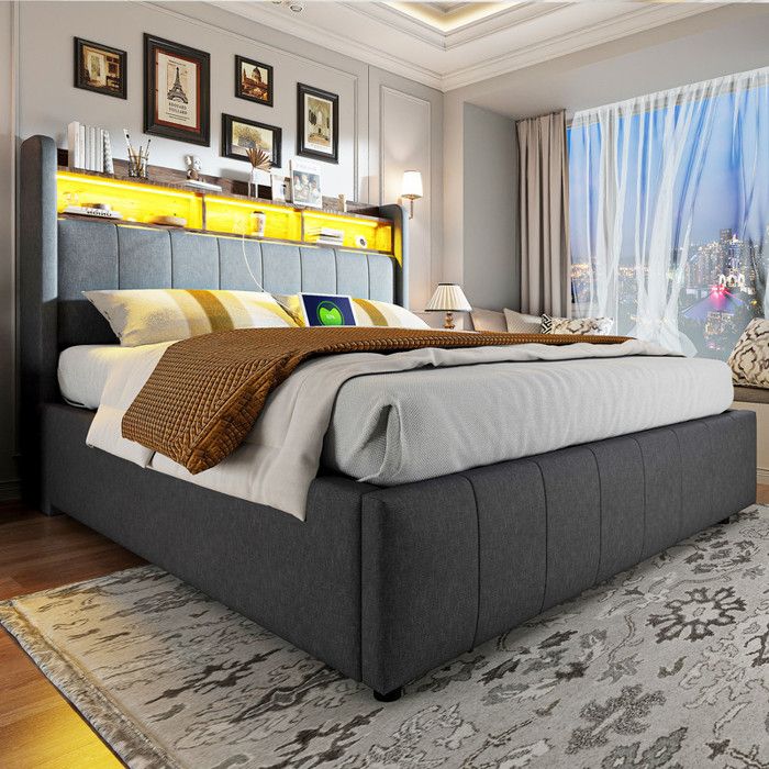 Lit coffre capitonné 160x200 cm - Avec éclairage LED + prise USB - Avec rangements - Lin - Gris (matelas non inclus) Lit coffre capitonné 160x200 cm - Avec éclairage LED + prise USB - Avec rangements - Lin - Gris (matelas non inclus)