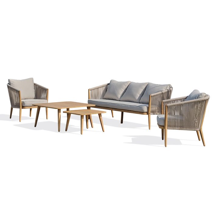 Salon de jardin bas 5 pl en aluminium imitation bois et corde tissée - Marron - IBARRA Salon de jardin bas 5 pl en aluminium imitation bois et corde tissée - Marron - IBARRA