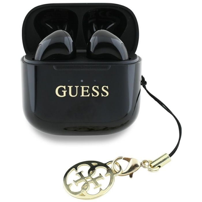 Écouteurs Bluetooth TWS Guess effet brillant avec logo et breloque classiques imprimés (noir)
