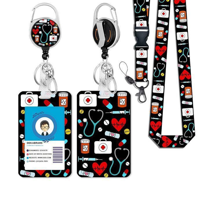 Porte Badge avec Lanyard Breakaway, Badge Reel rétractable, Clips de