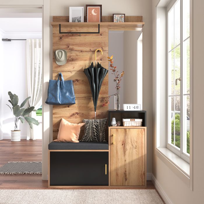 Ensemble de garde - robe avec crochet à 4 niveaux miroir armoire à chaussures armoire murale rangement supérieur tabouret de
