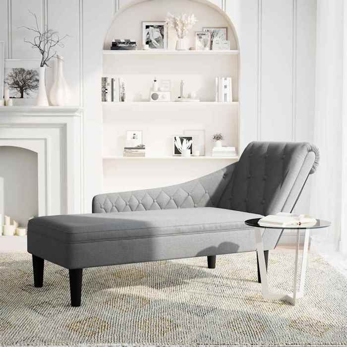 “Winter SaleTOP Fauteuil long Gris - Fauteuil long avec coussin et accoudoir droit gris clair tissu PRO52943
