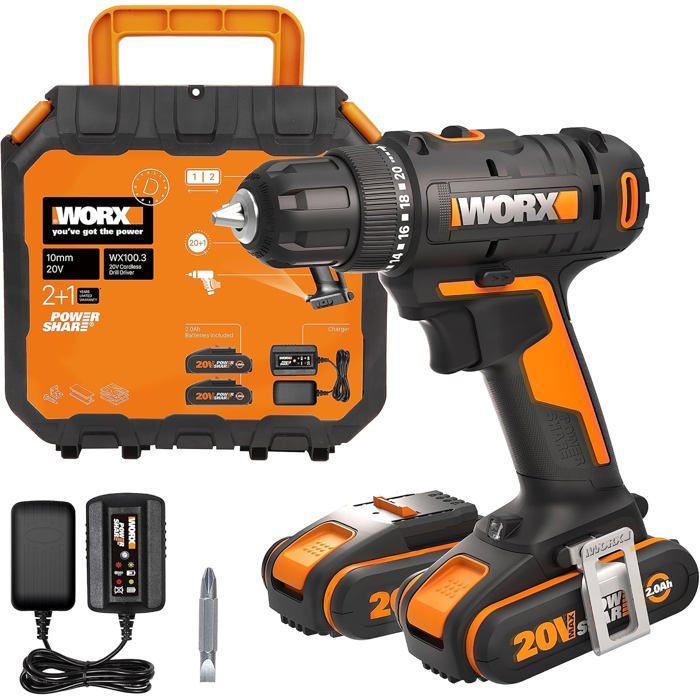 Perceuse Visseuse sans fil WORX WX100.3 18V 2 Vitesses Lumière LED 2 Batteries Incluses
