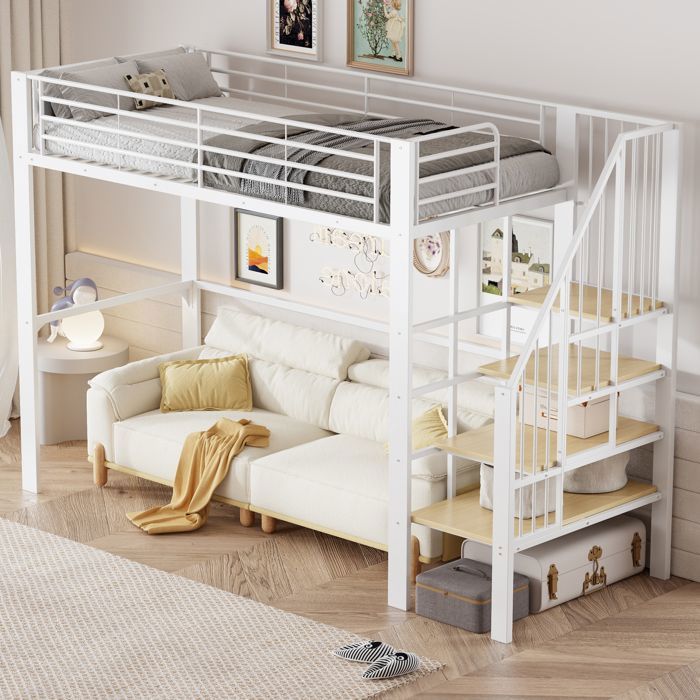 Lit Mezzanine - MERAX - 90x200 cm - Métal Blanc - Escalier Sécurisé - Cadre de Lit Simple Haut pour Adolescent Lit Mezzanine - MERAX - 90x200 cm - Métal Blanc - Escalier Sécurisé - Cadre de Lit Simple Haut pour Adolescent
