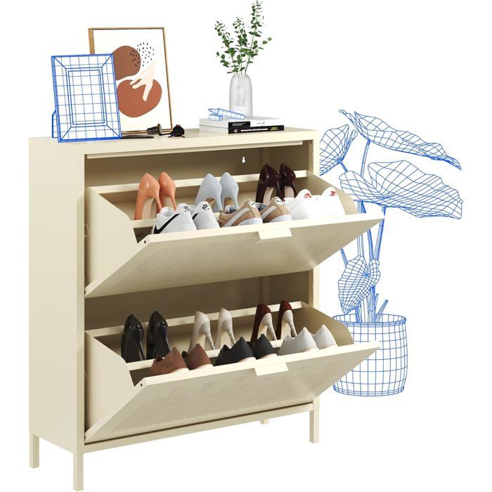 FlexiSpot Meuble à chaussures en métal avec 2 abattants - Conception avec trous daération et portes basculantes Jaune crème