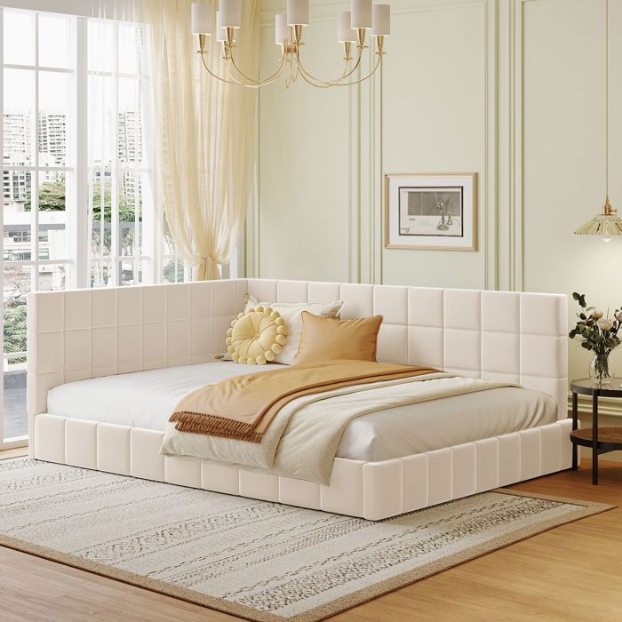 Lit Double 140x200 Cm - Lit Canapé Enfant En Velours Doux Sommier Inclus Beige