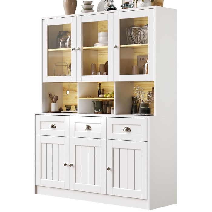Meuble de Rangement Haut - Vitrine Moderne LED avec Buffet Haut et Étagères Réglables Armoire de Cuisine MDF 140x40x175 cm Blanc
