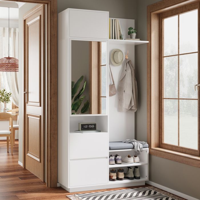Vestiaire entrée avec miroir banc à chaussures rangement pour chaussures et patères un meuble compact et multifonctionnel