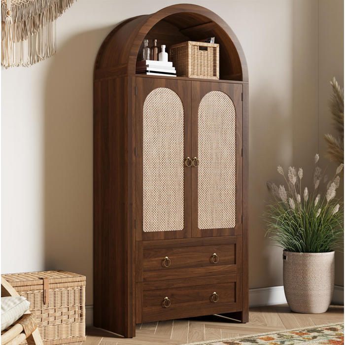 Buffet vintage avec 2 tiroirs 2 portes Buffet de salon Buffet en osier à arc Armoire de chambre Couleur noyer Rangement ouvert