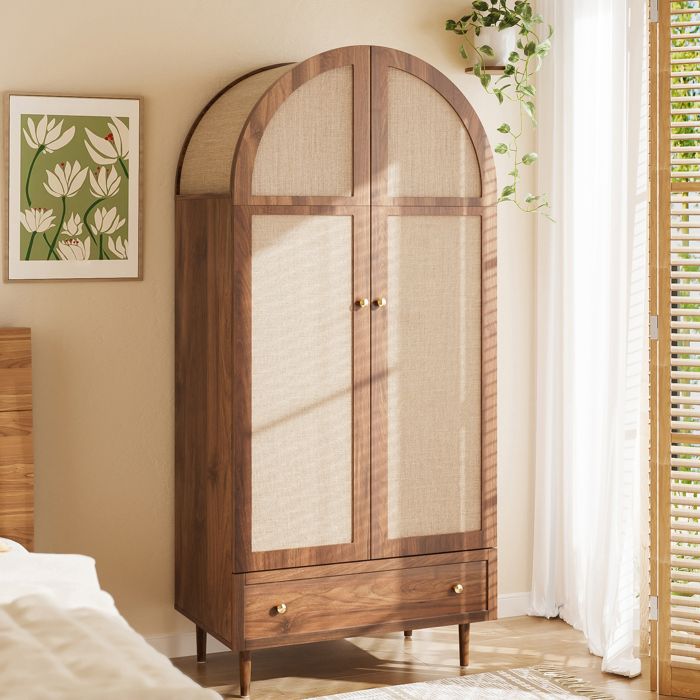 Armoire pour Chambre avec Penderie Portes en Tissu Tiroirs Rangement Spacieux 79x50x175 cm Effet Noyer