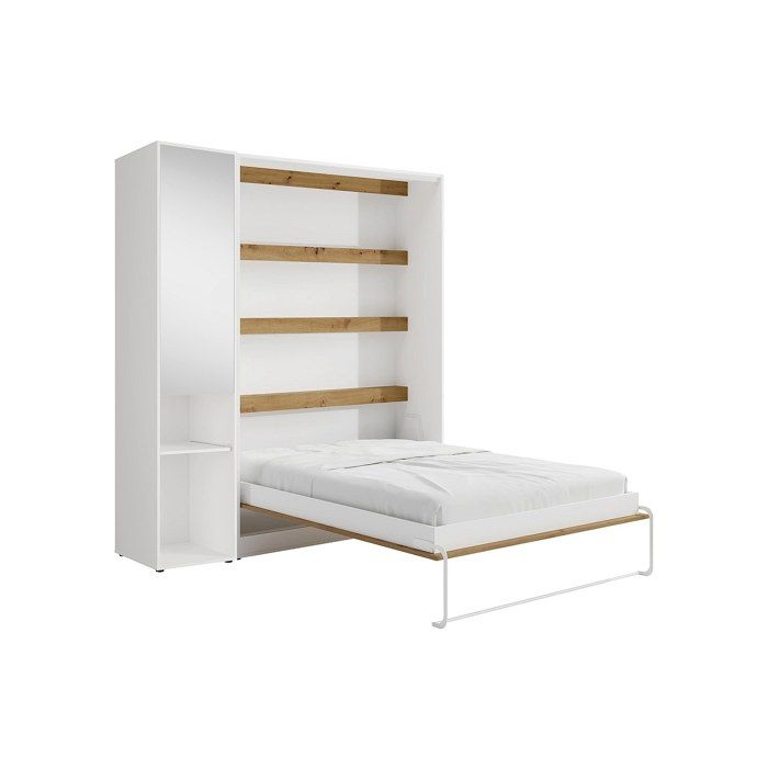 Lit escamotable vertical 140 x 200 cm - 1 colonne de rangement - Avec miroir et LEDs - Blanc et naturel - RAPILI