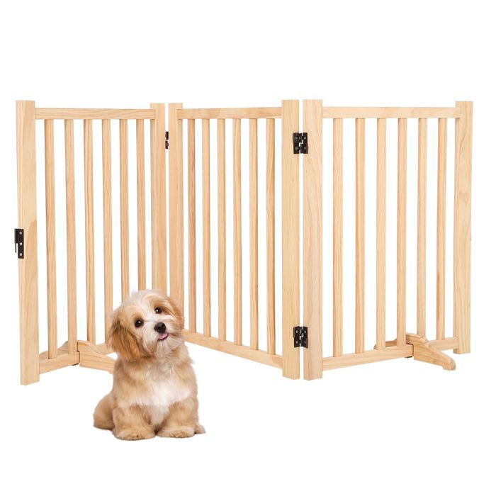 Comparer les prix de Barrière pour chien autoportante en bois massif 3 panneaux pliables tapis antidérapants Sans peinture 152*1.8*61 cm