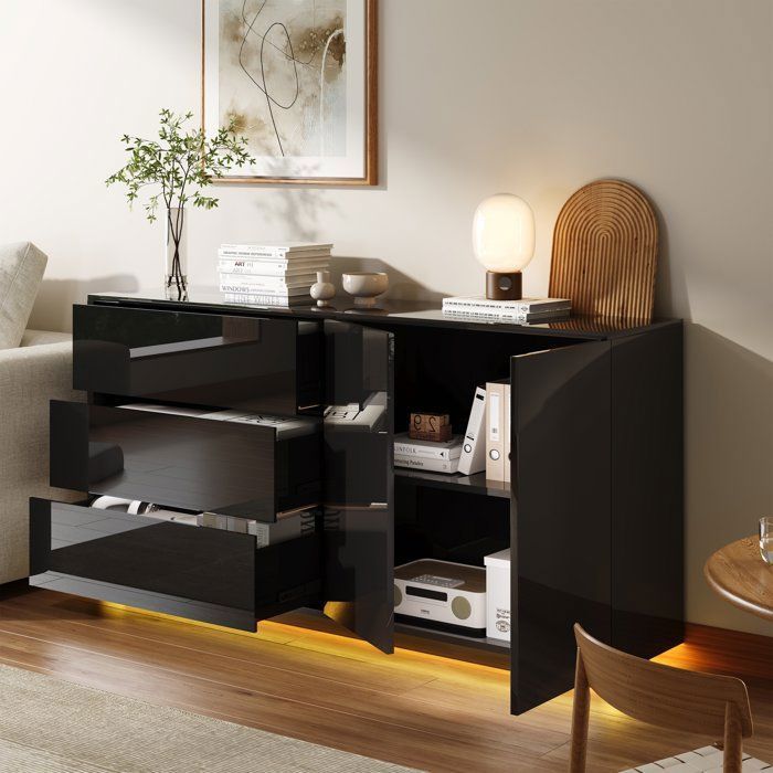 Buffet bas avec Éclairage LED Buffet Cuisine Meuble TV 160cm Noir Brillant 2 Portes 3 Tiroirs Sideboard Scandinave Minimaliste
