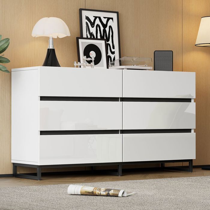 Buffet bas - SOGEU - 140x40x80 - 6 tiroirs - Brillant blanc et noir - 3 pieds métalliques