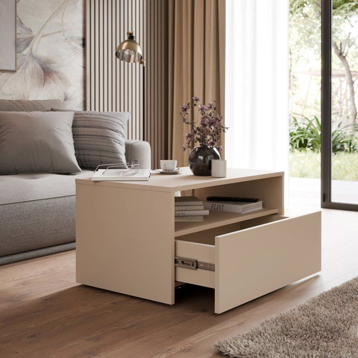 Table basse LINO couleur cachemire avec tiroir sur roulettes – table basse moderne pour le salon 80×50 cm avec étagère