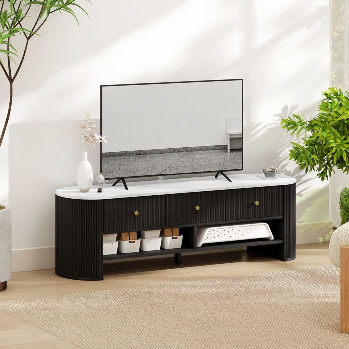 MOTHINESSTO4580-Meuble TV 140 cm meuble télé pour téléviseur 65 pouces effet marbre avec 3 tiroirs façades à cannelures 2 étagères