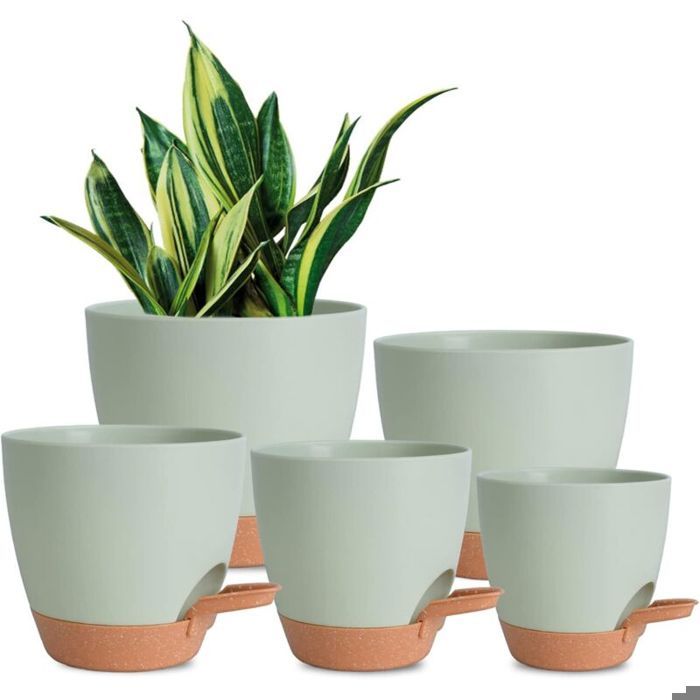 5 pièces Pots de fleurs en plastique jardinières auto-arrosantes avec trou de drainage 7/65/6/55/5 pouces Vert