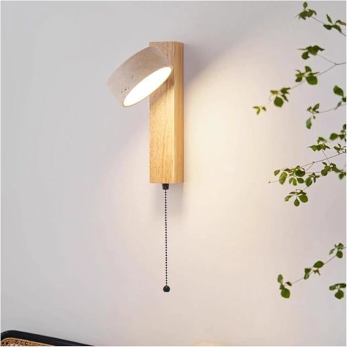 Applique murale - Lampe bois style vintage pierre travertin jaune orientable 180° cordon coulissant chambre balcon table de NORVYN